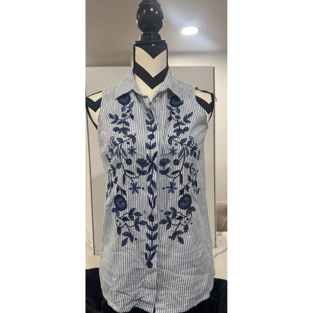New Directions Womens Small Blue White Striped Floral Embroidered Sleeveless Top